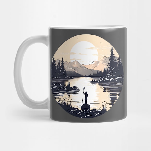 Peaceful Dawn Paddleboarding in Mountainous Lake Scene by AIHRGDesign